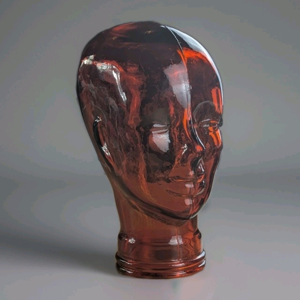 Vintage Amber Glass Mannequin Head 11" Figural Bust Hat Wig Display Stand MCM